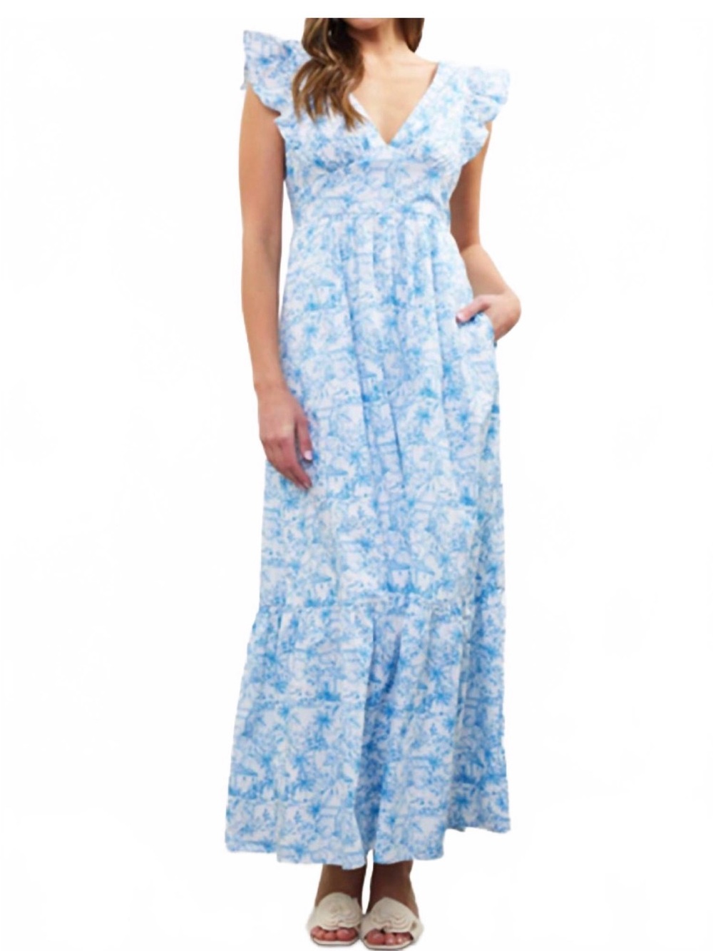 Blue Floral Maxi Dress with Ruffle Sleeves